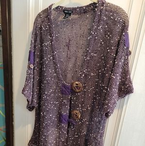 KATIE TODD blue Art to Wear Crochet Topper Lagenlook Cardigan Shark Bite Hem L